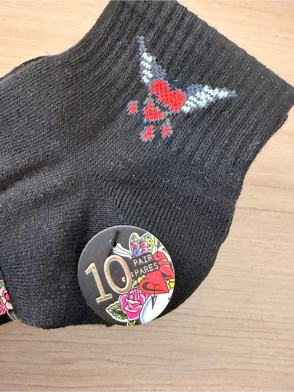 Ed Hardy Black Crew Socks with Rose Embroidery -10 Pack